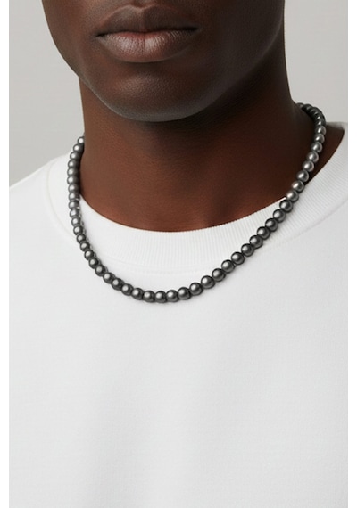 İnci Taşlı 50 Cm Gümüş Erkek Kolye Siyah