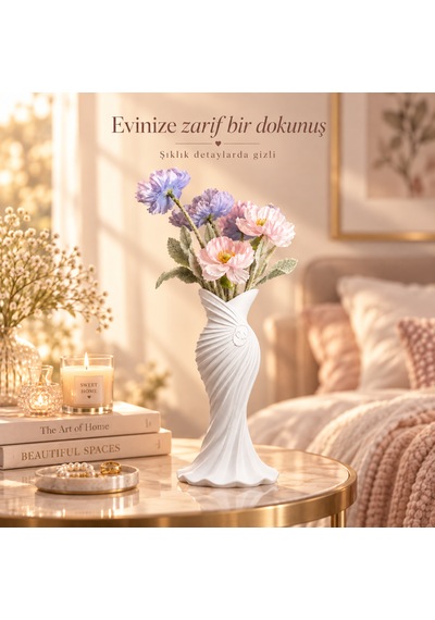 Gelinlik Esintili Beyaz Spiral Dekoratif Vazo Modern Minimalist Ev Aksesuarı