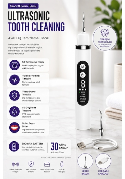 Auhma Smartclean Amf12 Ultrasonik Diş Temizleme Cihazı 5 Modlu Akıllı Diş Tartarı Ve Plak Temizleyic