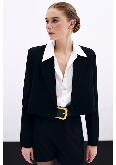 Sateen Kısa Krep Ceket - Siyah