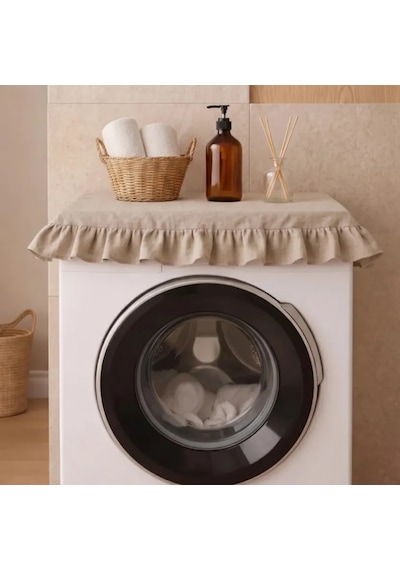 Fırfırlı Çamaşır Makinesi Örtüsü - Çeyizlik Dekoratif Banyo Makine Kılıfı- Bej