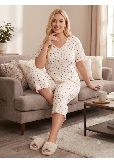 Büyük Beden Kısa Kol Pamuklu Ultrasoft Likralı Kapri Pijama Takımı 8652 Nar Çiçeği