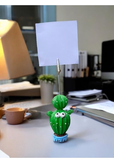 Lucky Şans Temalı Sevimli Kaktüs Fotoğraf Not Tutucu Ofis Masası Not Tutacağı Hediyelik Yeşil Mavi