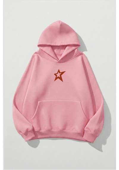 Uyguntarz Unisex Yumuşak Dokulu Kırmızı Yıldız Baskılı Tasarım Oversize 3 İplik Hoodie Sweatshirt Pembe