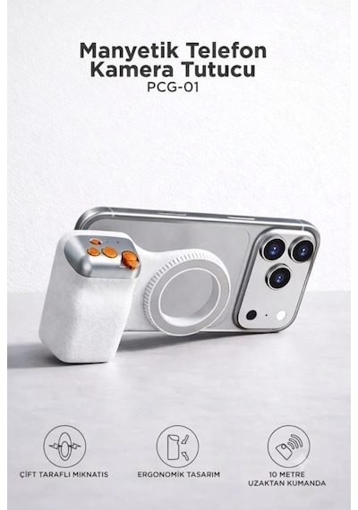 Telefon Tutucu Mıknatıslı Magsafe Uyumlu Bluetooth Deklanşör Kumandalı Tutucu Pcg01 Beyaz