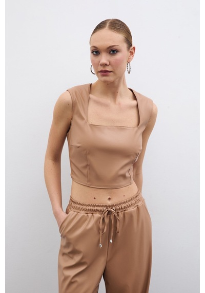Sateen Kare Yaka Deri Crop - Bej-135671 Bej