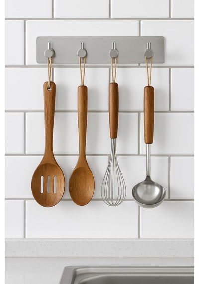 4'lü Paslanmaz Çelik Banyo Askısı, 4 Kancalı Kendinden Yapışkanlı Vidasız Duvar Askılığı, Havlu Bornoz Mutfak Askısı, 32 X 5 Cm, Gümüş Diğer