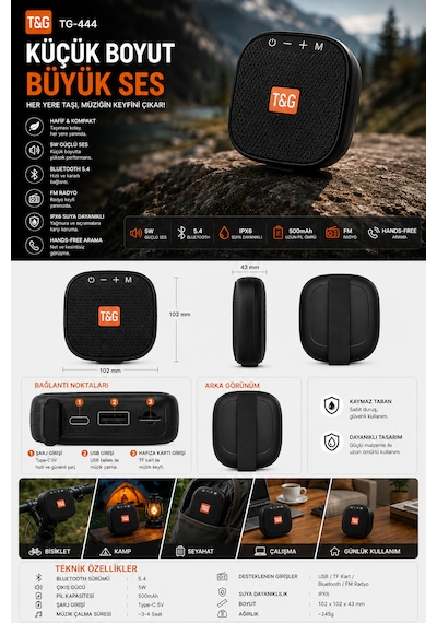 Kenly Tg-444 Bluetooth Hoparlör 5w Ipx6 Suya Dayanıklı Taşınabilir Kablosuz Speaker Fm Radyo Usb/tf Kart Tws Bisiklet Uyumlu