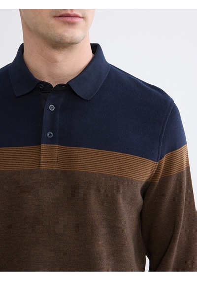 Lcwaıkıkı Classic Kahverengi Polo Yaka Renk Bloklu Erkek Sweatshirt