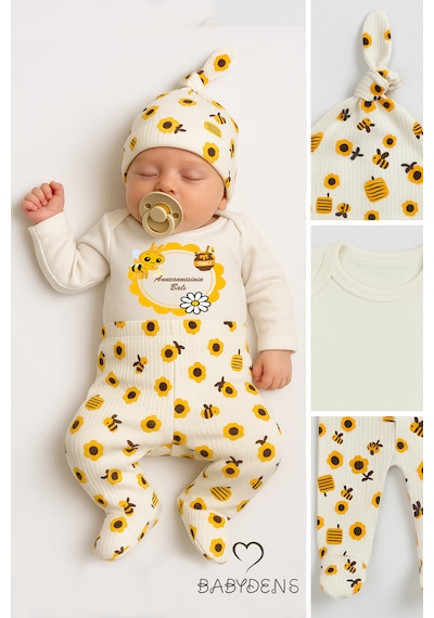 Babyden's Anneannesinin Balı Yazılı 3'lü Set Uzun Kol Body, Patikli Alt Ve Şapka Unisex Bebek Giyim Ekru
