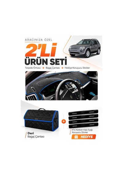 Land Rover Freelander 2006-2014 Uyumlu Torpido Örtüsü + Deri Bagaj Çantası + Sticker - Siyah Mavi