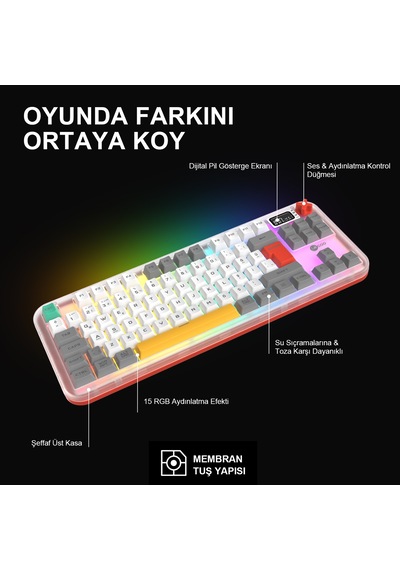 Lecoo Gk302 Üç Modlu Rgb Kablosuz 85 Tuşlu Türkçe Q Membran Oyuncu Klavyesi Beyaz Gri