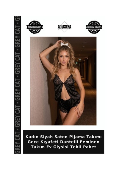 Grey Cat Kadın Siyah Saten Pijama Takımı Gece Kıyafeti Dantelli Feminen Takım Ev Giysisi Tekli Paket Diğer
