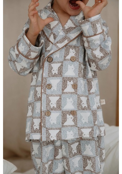 Oh La La Koala Kedi Desenli Yaka Detaylı Çocuk Pijama Takımı Sütlü Kahve