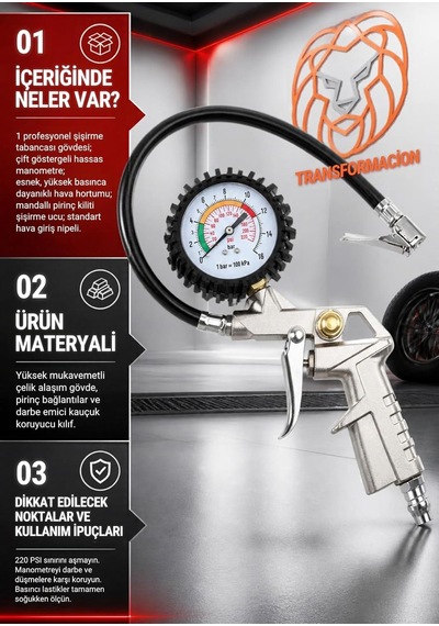 Tr Profesyonel Lastik Şişirme Tabancası Ve Hava Saati 220 Psı 16 Bar Çelik Alaşım Güçlü Gövde 722642