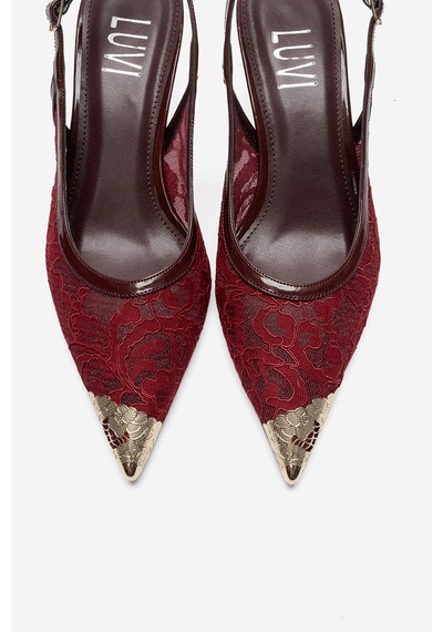 Luvi Shoes Clem Bordo Dantel Detaylı Altın Burunlu Kadın Topuklu Ayakkabı