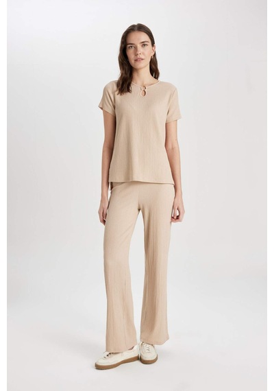Defacto Bürümcük Pantolon Wide Leg Geniş Bol Paça Beli Lastikli C0200AX24SP Bej
