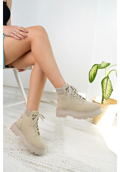 Nesil Shoes Mugo 504 Ten Süet Bağcıklı Kadın Bot-ten Süet Ten