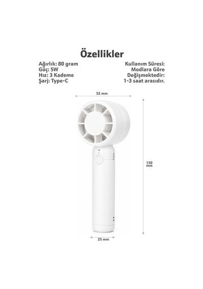 Turbo 3 Mod Şarjlı El Fanı 3 Kademe Seyahat Masaüstü Vantilatör Taşınabilir Mini Fan Beyaz F130