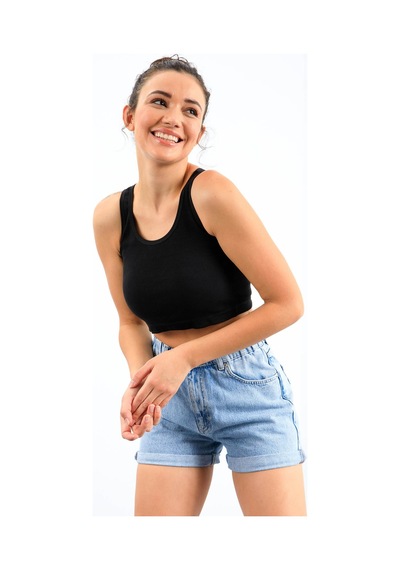 Tommy Life Lacivert Basic Sıfır Kol Dar Kalıp U Yaka Kadın Crop Top Atlet - 97162 Lacivert