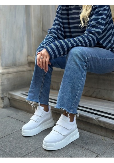 Erva'nın Butiği Beyaz Cilt Cerrely Gizli Topuk Dolgu Topuk 8 Cm Boy Uzatan Sneakers-6514