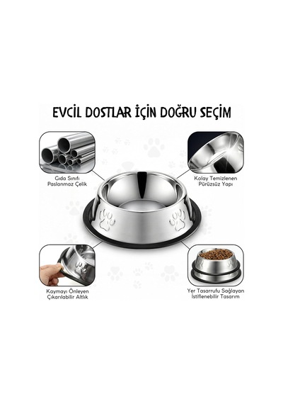 Paslanmaz Çelik Kedi Köpek Mama Ve Su Kabı 22 Cm - Kaydırmaz Kauçuk Tabanlı - Yaş Ve Kuru Mama İçin Uygun - Bulaşık Makinesinde Yıkanabilir - 500 Ml Kapasiteli
