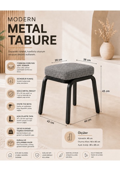 Metal Tabure - 4 Adet Siyah Koyu Gri