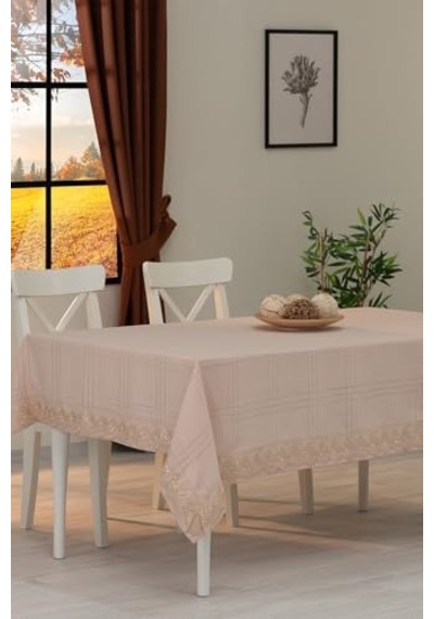 Tropik Home Dantelli Keten Efektli Leke Tutmaz Lüks Masa Örtüsü 160x220 Cm Bej Genel