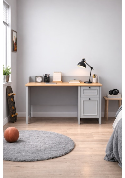 Taiga Çekmeceli Çalışma Masası 120x87x65 Cm Buz Gri - Retro Tasarım Antrasit