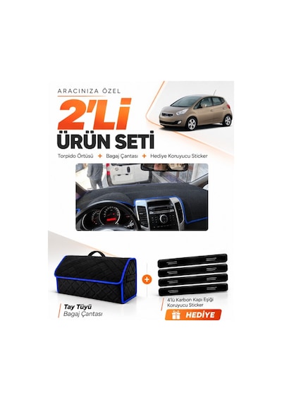Kia Venga 2009-2011 Uyumlu Torpido Örtüsü + Tay Tüyü Bagaj Çantası + Sticker Seti - Siyah Mavi