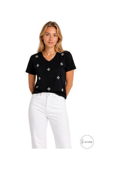 Cassime Kadın Siyah Çiçek Taşlı %100 Pamuk Relaxed Fit Basic Tişört