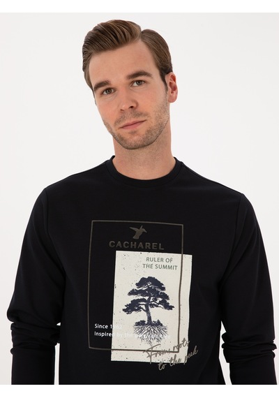 Lacivert Regular Fit Bisiklet Yaka Baskılı Sweatshirt