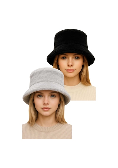 Uniquetrenders Kadın Ayarlanabilir Peluş Bucket Kova Şapka 2'li Set Siyah - Gri