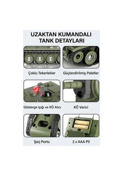 Alpmodel Uzaktan Kumandalı 9 Kanallı Kızılötesi Savaş Mini Sesli Tank Kauçuk Palet 1/64 Yeşil