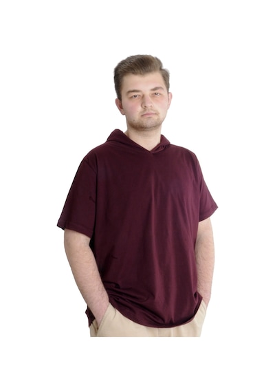 Mode Xl Büyük Beden Erkek T-Shirt Kapşonlu Kısa Kol 23118 Mürdüm 001
