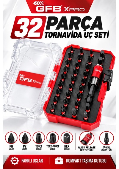 Gfb Xpro 32 Parça Tornavida Uç Seti Quick Release Bit Tutuculu, Ph/pz/hex/torx/torx-proof Uçlu Kom