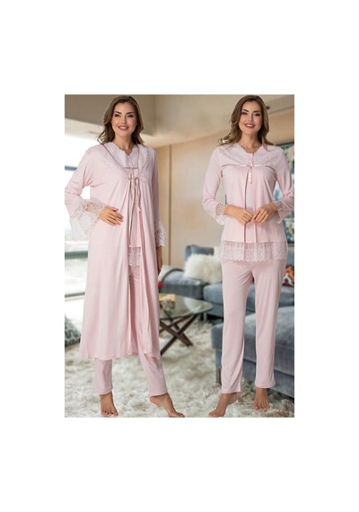 Hamile Çarşısı Uzun Kol Lohusa Pijama Sabahlık Takım Effort 7044-pembe Pembe