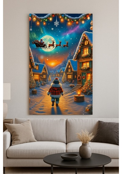 Yılbaşı Köyü Ve Noel Baba Kış Manzarası Cam Tablo Işıklı Kar Temalı Dekor