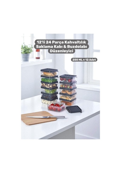 12'li 24 Parça 250 Ml Şık Ve Pratik Kahvaltılık Saklama Kabı Seti & Buzdolabı Düzenleyici Gri - 751778439 Gri