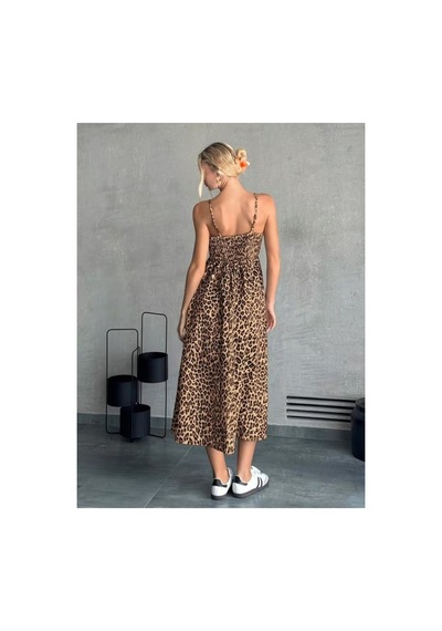 Butik İstanbul Kadın Ip Askılı V Yakalı Uzun Desenli Süprem Elbise Leopar