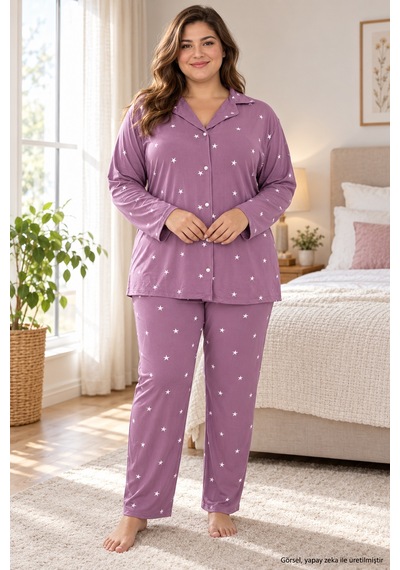 Seboteks Milan Kumaş Önden Düğmeli Uzun Kollu Büyük Beden Kadın Pijama Takımı 3499 Lila