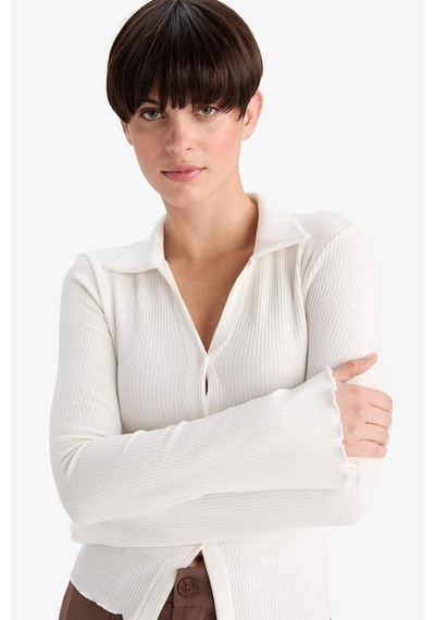 Defacto Fitted Polo Yaka Fitilli Kaşkorse Hırka G3057ax25wnwt32 Beyaz-wt32