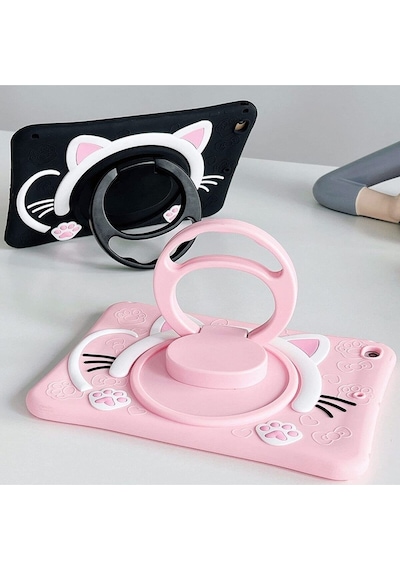 Apple Uyumlu iPad 8 Ve 9 Nesil 10 2 Inç 2020 2021 Kedi Kılıf Standlı Eğlenceli Koruma Siyah