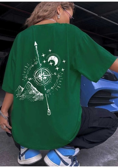 Kozia Outdoors Pusula Sırt Baskılı Oversize Basic O Yaka Unisex T-şhirt Yeşil Yeşil