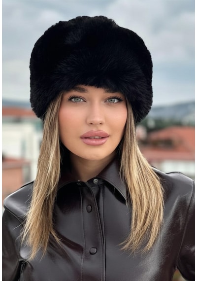 Mollycrush Kışlık Kadın Trend Peluş Siyah Suni Kürk Kalpak Şapka Kazak Rus Tarzı Siyah
