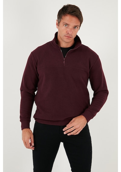 Buratti Pamuklu Regular Fit Yarım Fermuarlı Dik Yaka Erkek Kazak 456112 Mürdüm