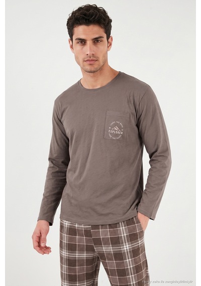 Buratti Ekoseli Pamuklu Bisiklet Yaka Pijama Takımı Erkek Pijama Takımı 6575007 Kahve