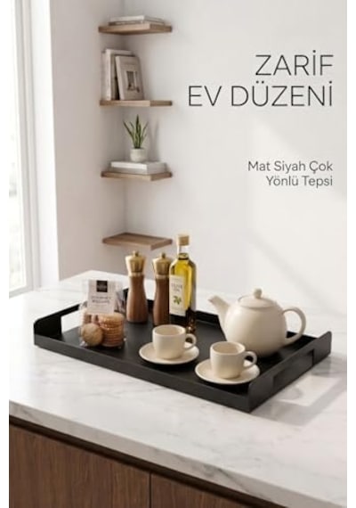 Metal Çay Tepsisi Siyah Sunum Tepsisi Servis Tepsisi Dikdörtgen Dekoratif Tepsi Kahve Çay Servis Tepsisi Mutfak Banyo Organizer Tepsi 15cm