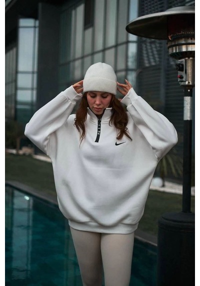 Velmora Fashion Kadın Yarım Fermuarlı Üç İplik Şardonlu Pamuklu Sweatshirt - Beyaz