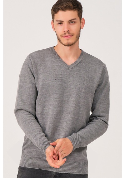 V0036 Dewberry Erkek V-neck Kazak-gri Gri